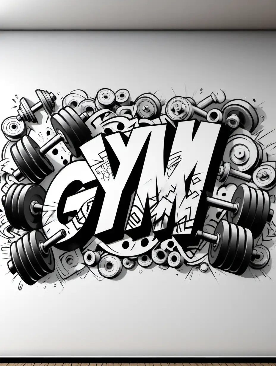 Create a colouring page, all white , black outline, no colour, graffiti art with the word gym, dumbbells in the background, on a wall, no shading, low detail, white background , colouring page