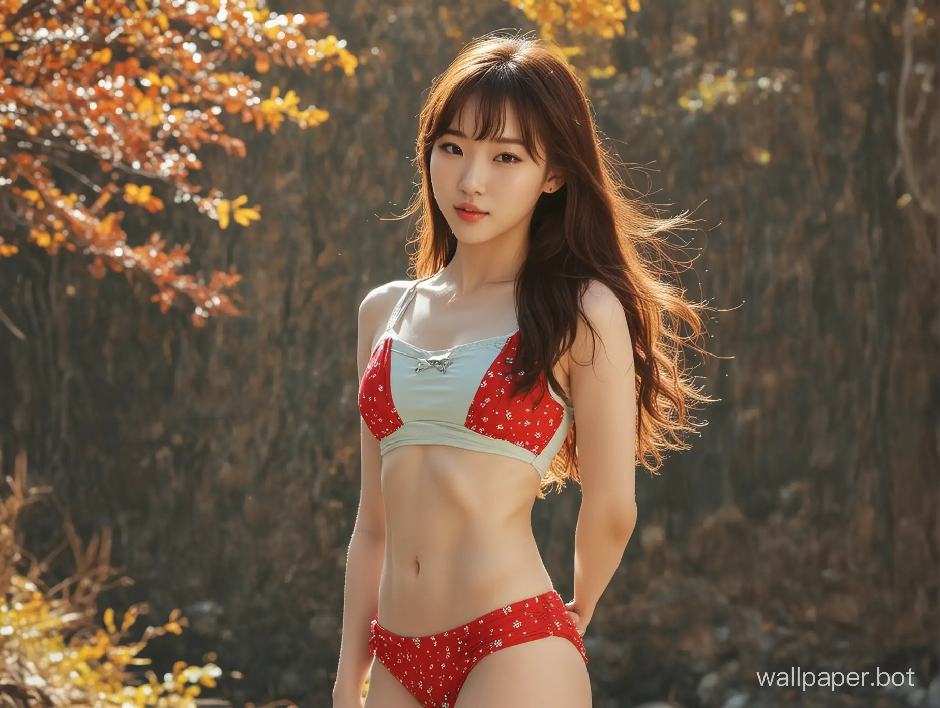 Autumn-Woods-Korean-Little-Girl-in-Patterned-Wacoal-Bikini-Swimsuit-by-the-Creek