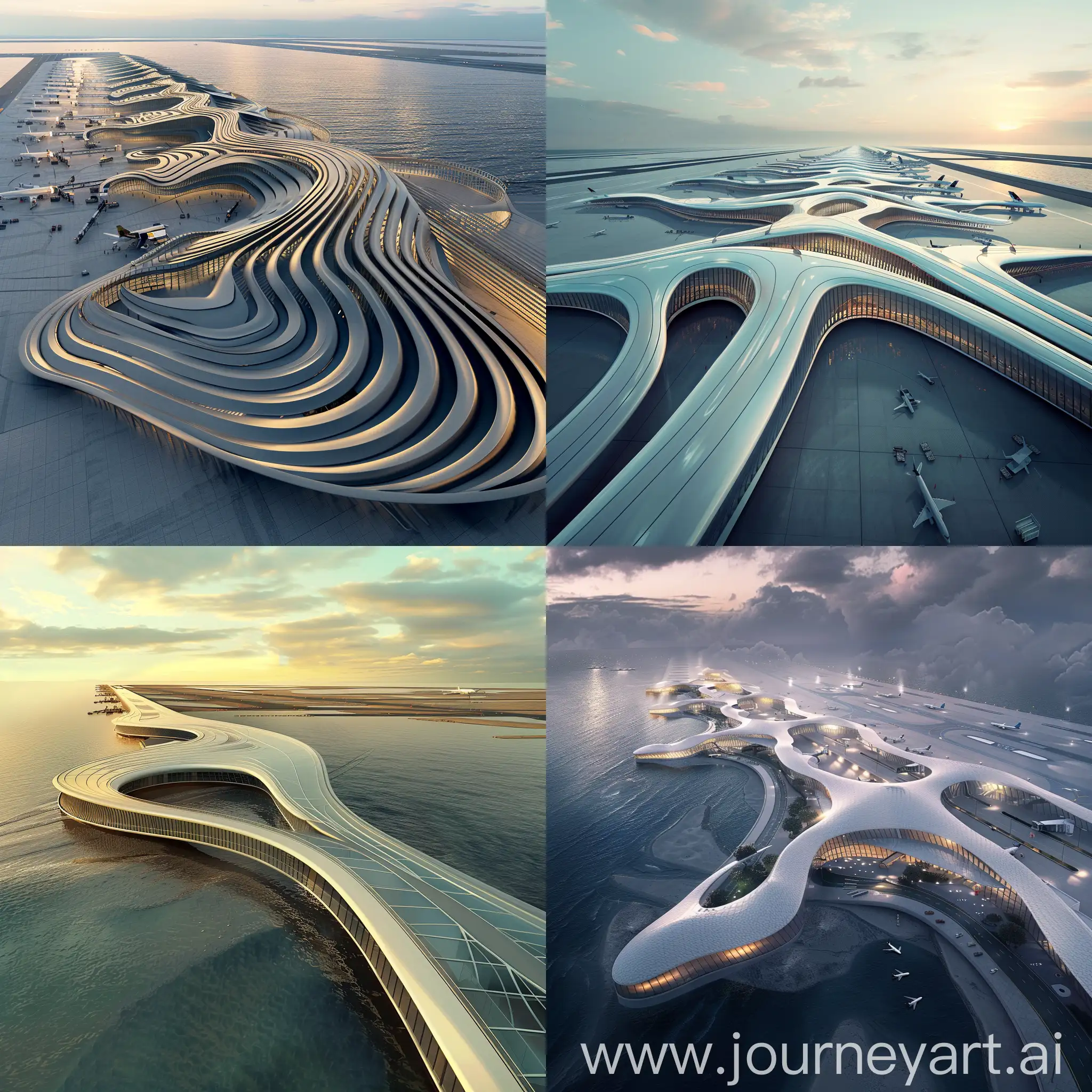 design a linear airport terminal that mimics the undulating waves of the ocean, with its curvilinear structure and mesmerizing aerial view.