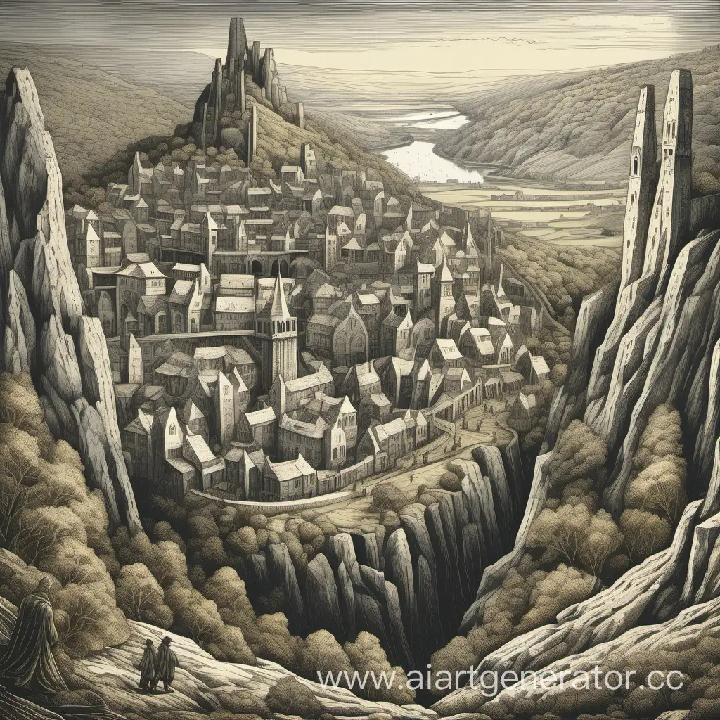 Engraved-Tolkieninspired-Human-City-with-White-Walls-and-Castle-in-a-Valley