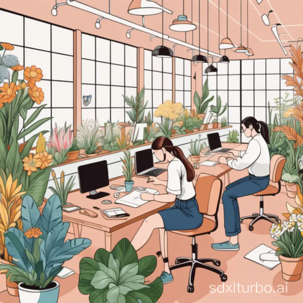 People are working, the illustration style, decorated with flowers and plants.