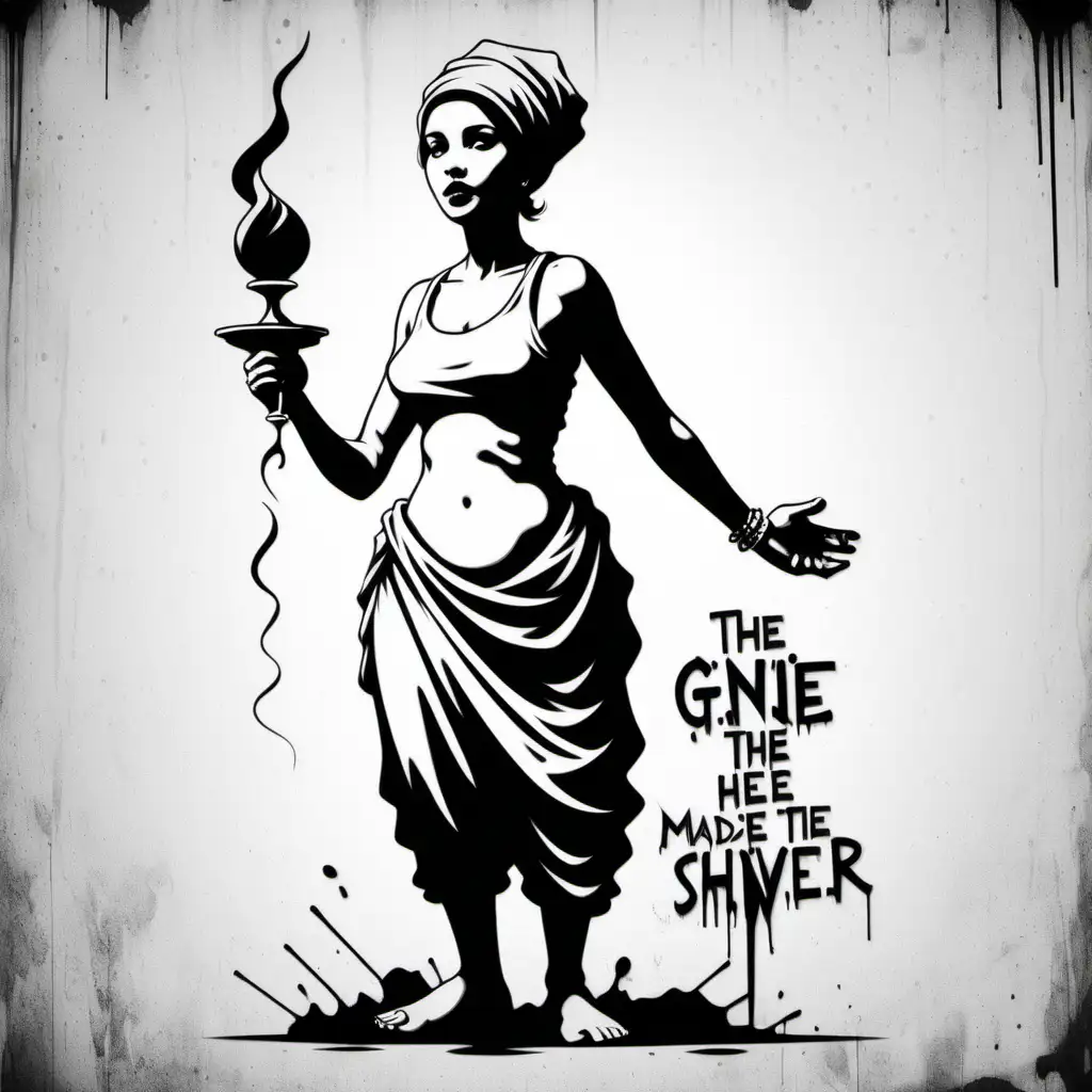 a genie's callous comments about the murder made her shiver, black and white, lines, in the style of banksy, simple, modern, logo -v 5