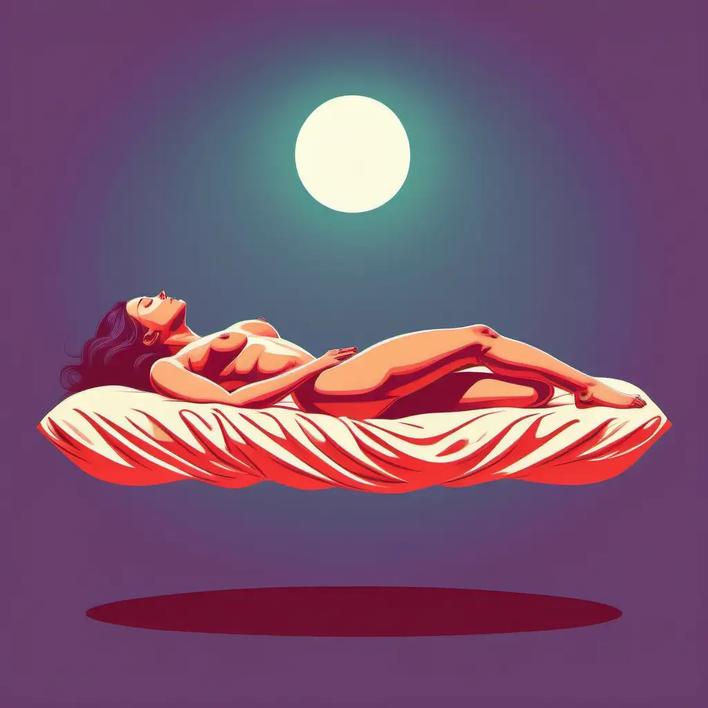 Ilustración vectorizada de colores sólidos, de cuerpo de mujer desnuda levitando mientras duerme