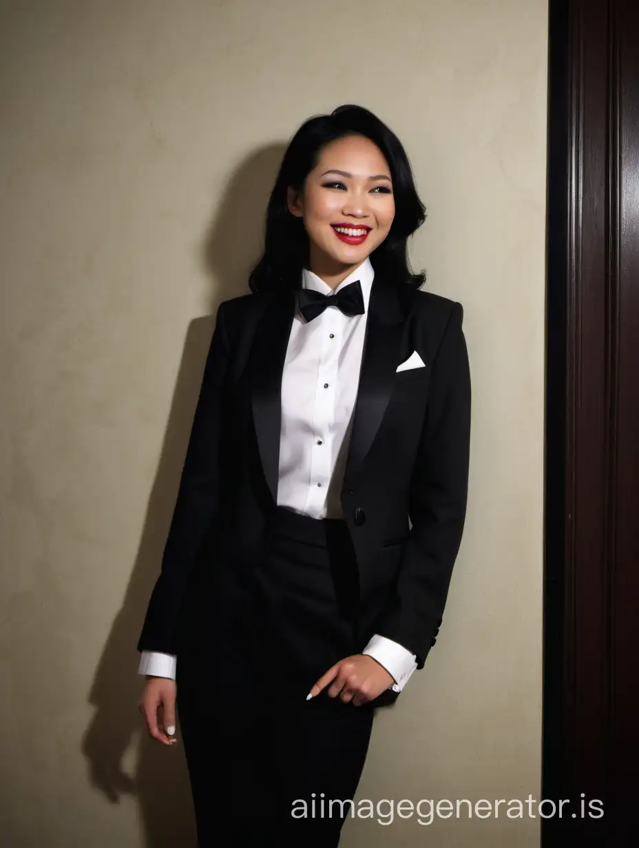 The scene is a dimly lit room in a wealthy mansion. A beautiful smiling and laughing Vietnamese woman with tan skin, long black hair, and lipstick, mid-twenties of age, is standing against a wall. She is wearing a tuxedo with a black jacket. The jacket has a corsage. Her shirt is white with double French cuffs and a wing collar. Her bowtie is black. Her cufflinks are large and black.