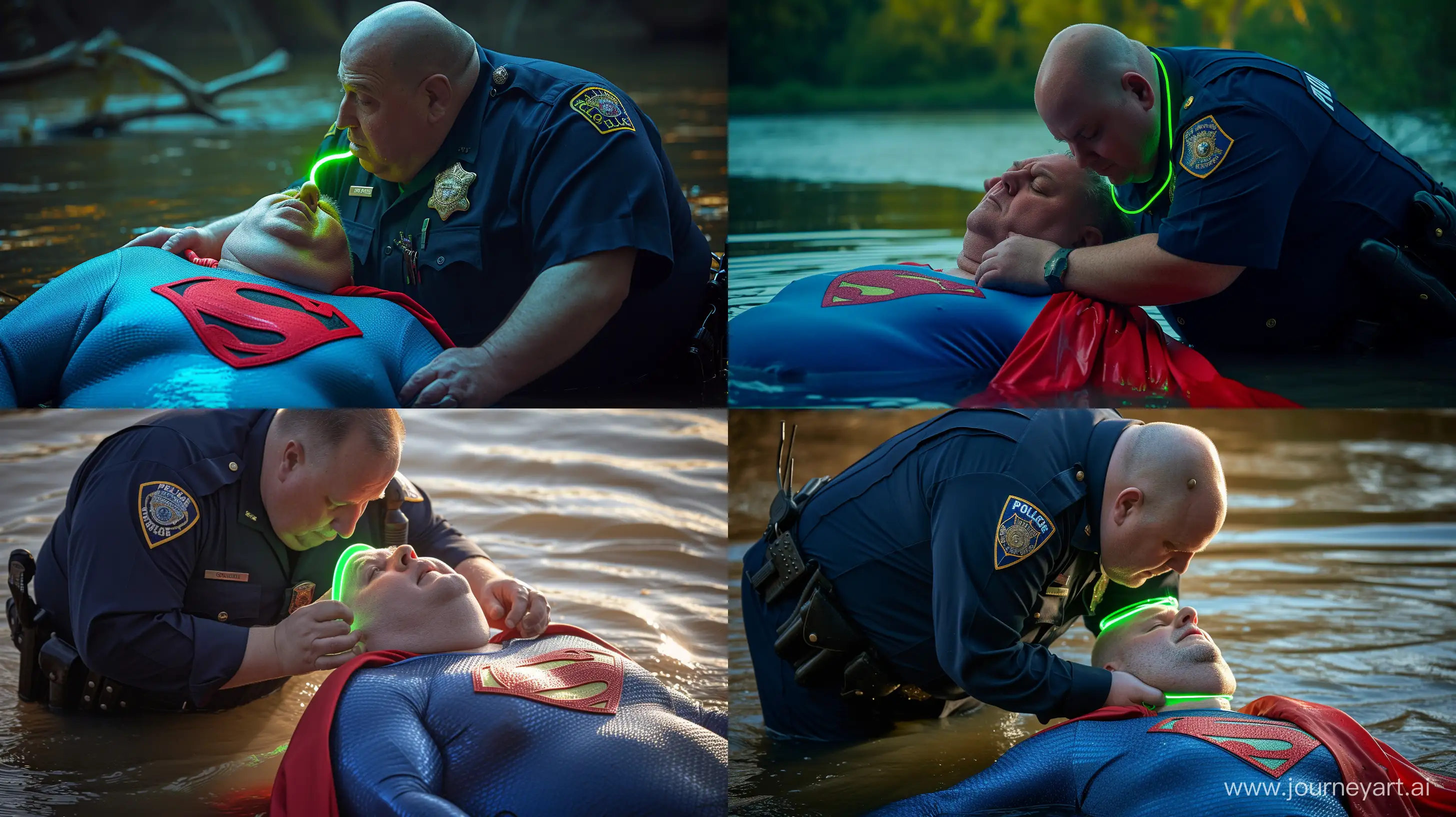 Close-up photo of a fat man aged 60 wearing a navy police uniform. Bending and putting a tight green glowing neon dog collar on the nape of a fat man aged 60 wearing a tight blue 1978 superman costume with a red cape lying in the water. Natural Light. River. --style raw --ar 16:9