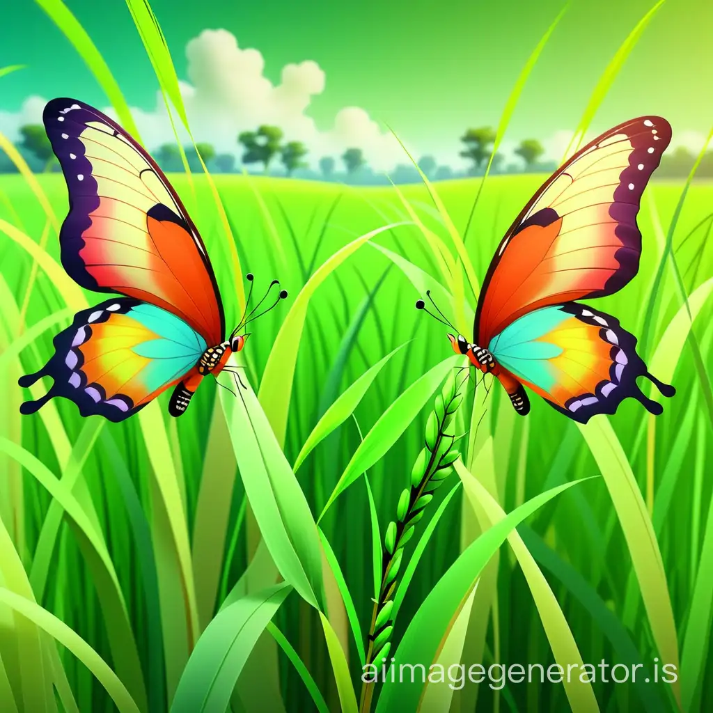 Fairy tale style. Two very beautiful colorful butterflies. They fly together. There are only two butterflies in the picture. In the background is a beautiful green rice field. The proportions of the two butterflies in the picture are very small. The season is in summer. Hyper-real. aspect ratio 16:9
