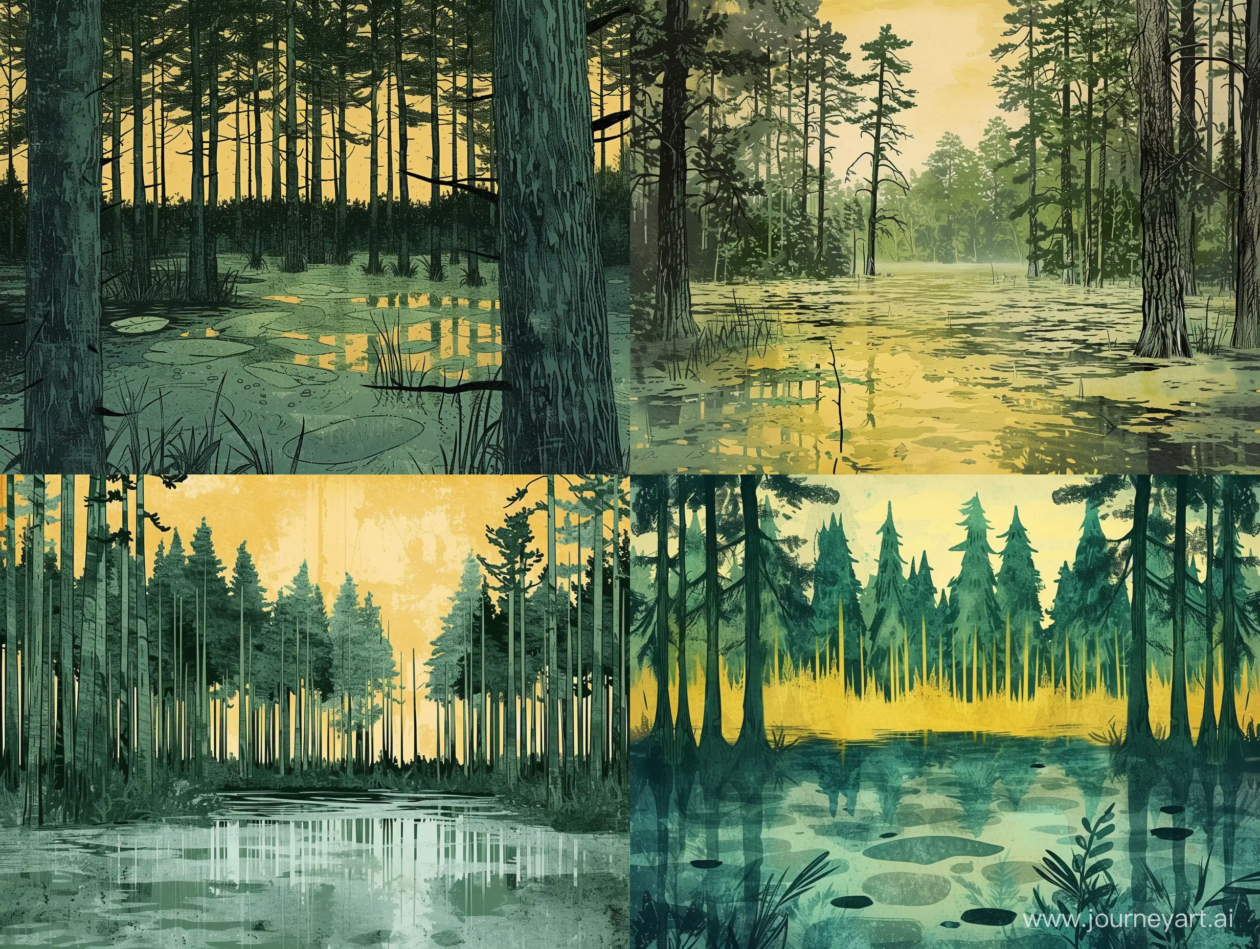 Pine forest in a swamp in the style of an old illustration in salt-dark green and yellow shades