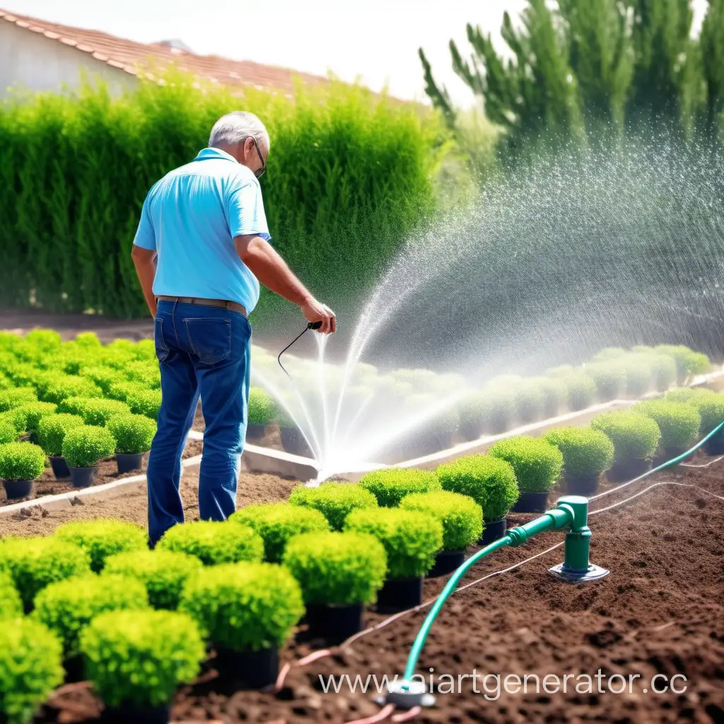 father watches and manages the irrigation of the garden with the help of remote control of the sprinklers in the plot