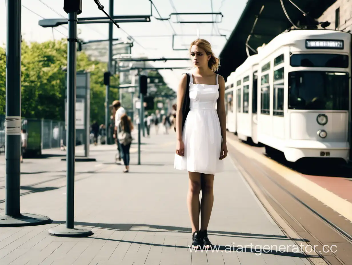 Charming-Girl-Waiting-at-Tranquil-Tram-Stop-in-Elegant-White-Dress