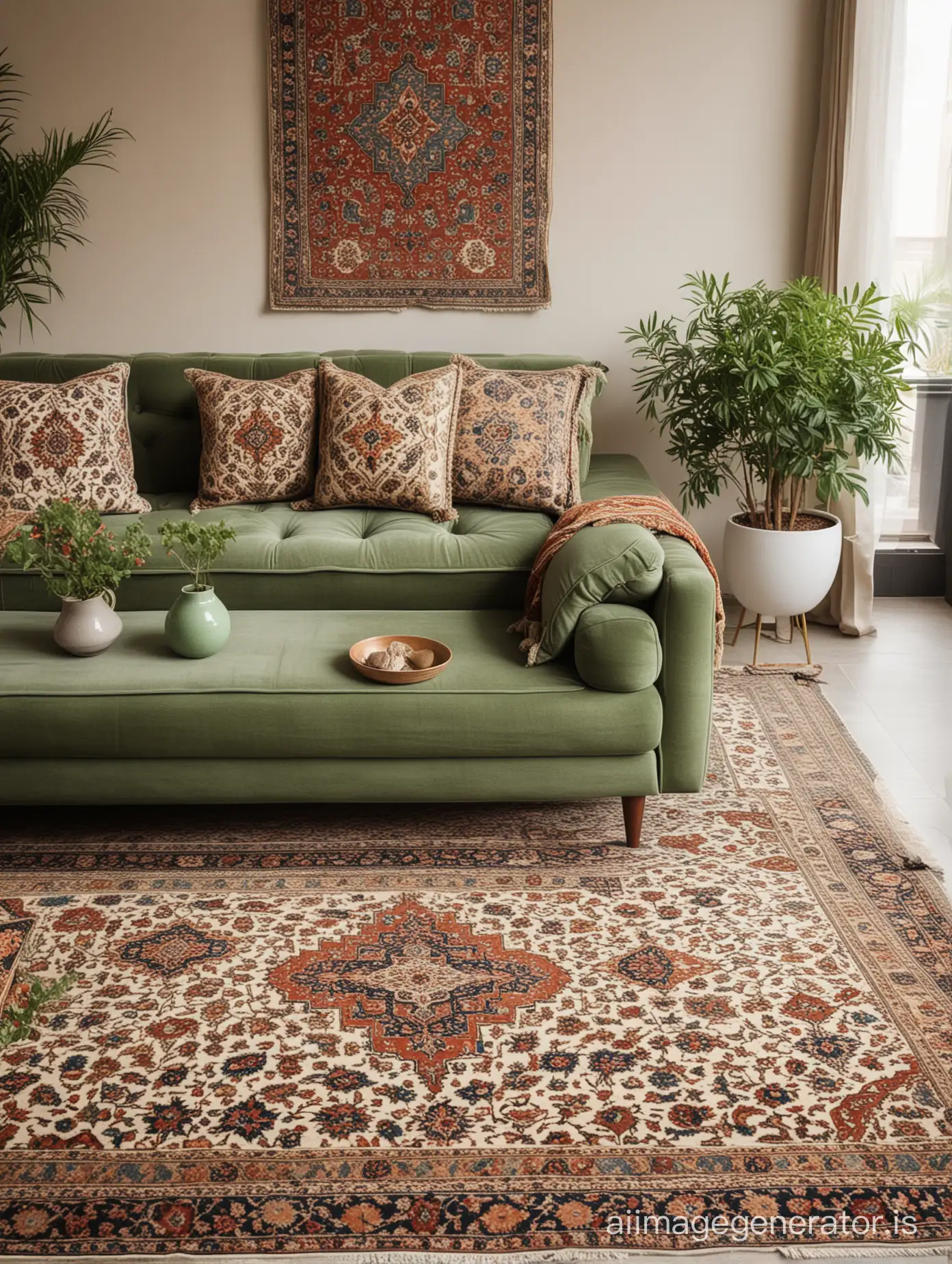 a sofa with minimal design and persian carpet texture on it with green pot and decor in near