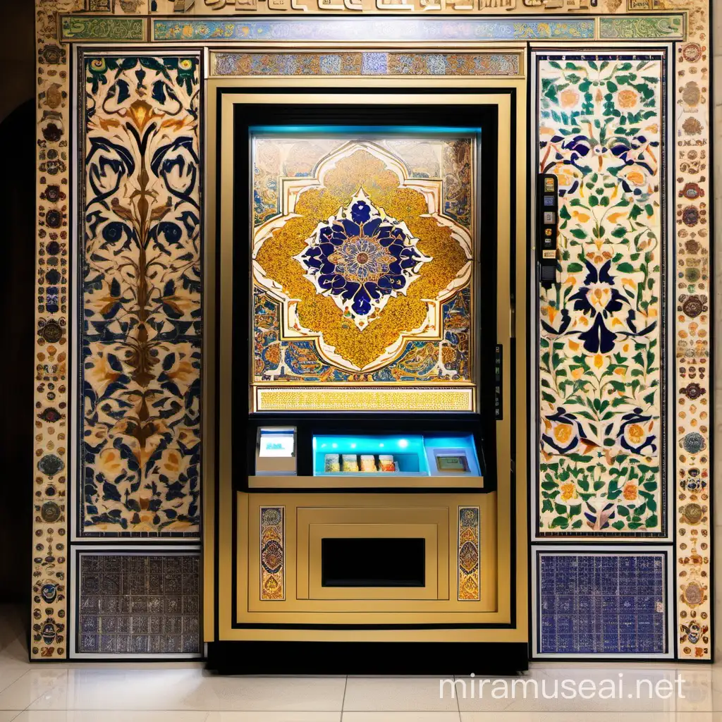 Design a Persian Heritage Vending Machine that celebrates the rich artistic legacy of Iran. Incorporate elements such as tile mosaic facade, Persian calligraphy, miniature art panels, gilded accents, inlaid wood patterns, cultural product selection, and an interactive educational display. Create a unique and immersive experience that blends traditional Iranian aesthetics with modern convenience, inviting users to appreciate and learn about Iranian art, history, and culture while enjoying a curated selection of cultural items.