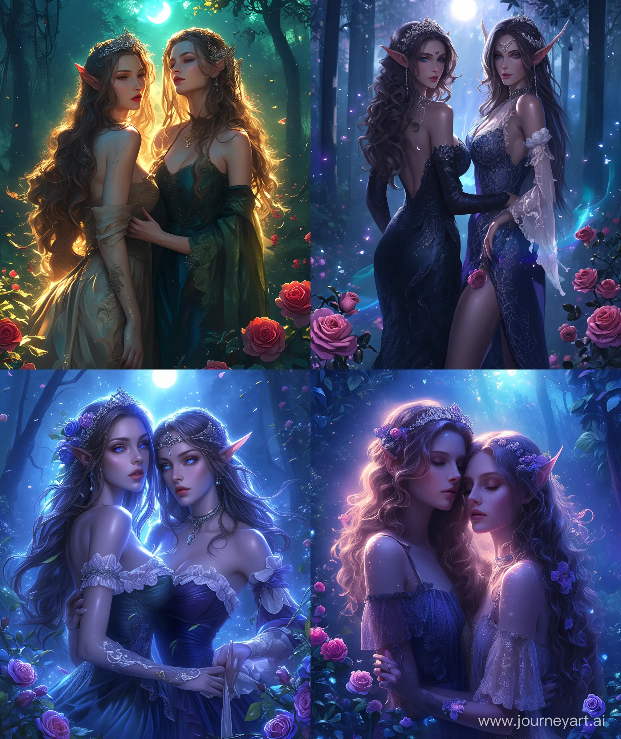 Beautiful two woman, elves sisters, mature and beautiful, wearing beautiful dress, moonlight, forest ambient, cinematic light , magical atmosphere, roses around, two elves, beautiful hair style, ultra HD, high quality, sharp details, flowers Tiara wearing, luminating light, --ar 27:32 --niji 6