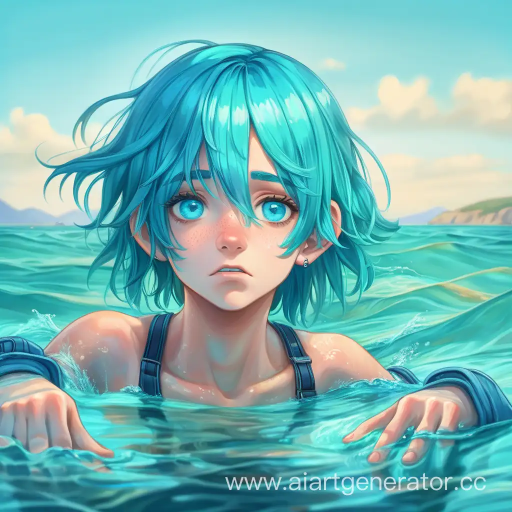 Грустный подросток с синими волосами и бирюзовыми глазами и плавает в море и тянется к свободе