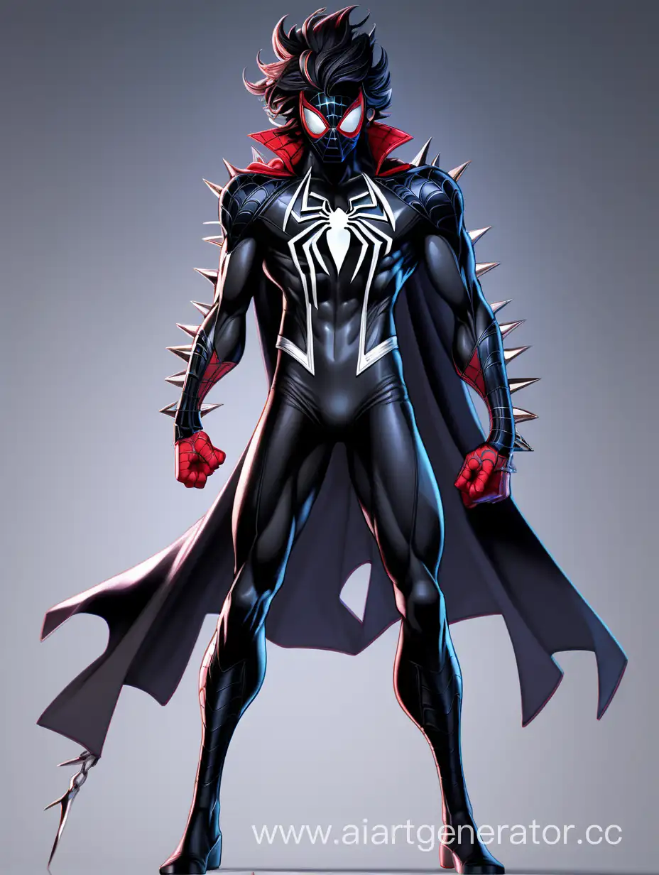 Человек паук в необычном костюме, концепт арт,  чёрный костюм с шипами, плащь на плечах, мужчина во весь рост, динамичная поза, растрепанные волосы, без маски, аниме стиль
