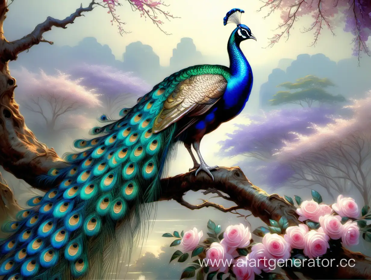a peacock sitting on top of a tree branch, beautiful detail and color, full of colors and rich detail, beautiful and graceful, beautiful painting of a tall, peacock. intricate, beautiful!!!!!!!!!, painting of beautiful, wow it is beautiful, peacock colors, majestic!!! beautiful!!!, by Li Kan, beautiful color art!, beautiful painting
