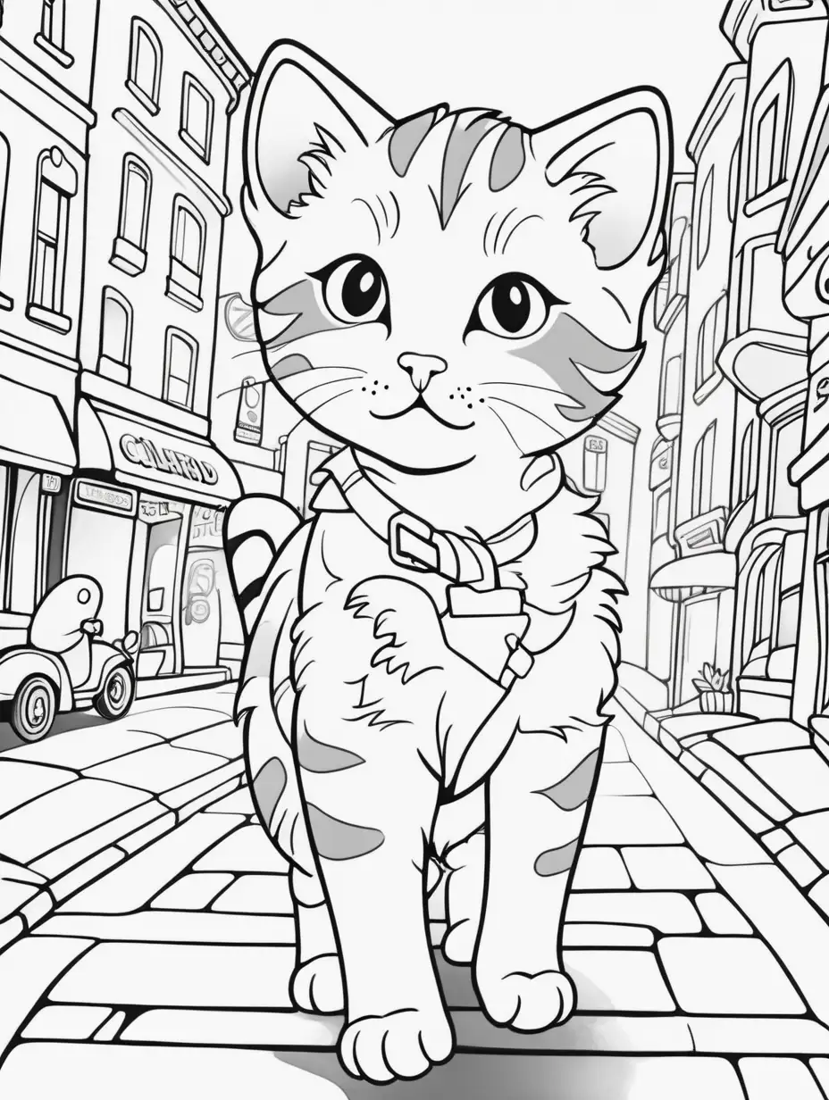 image of cute kitten in street-style photography for simple children's coloring book