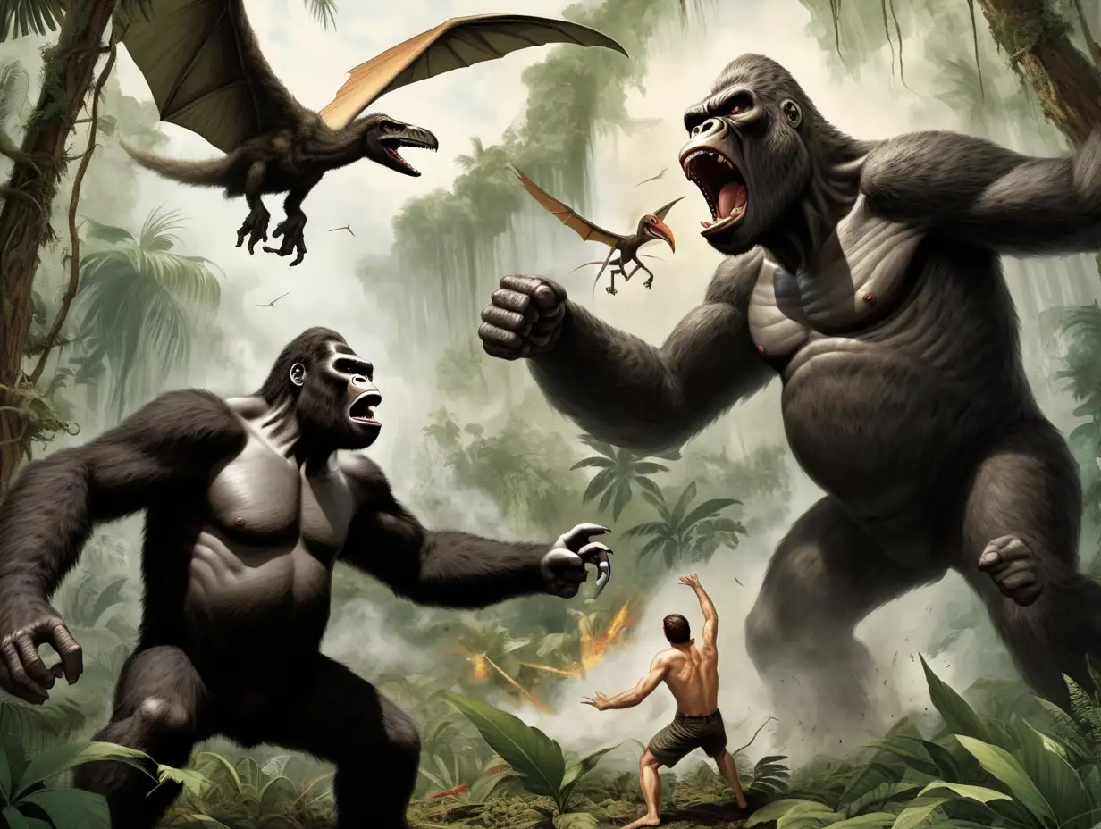 Epic Battle King Kong Confronts Pterodactyl in the Jungle