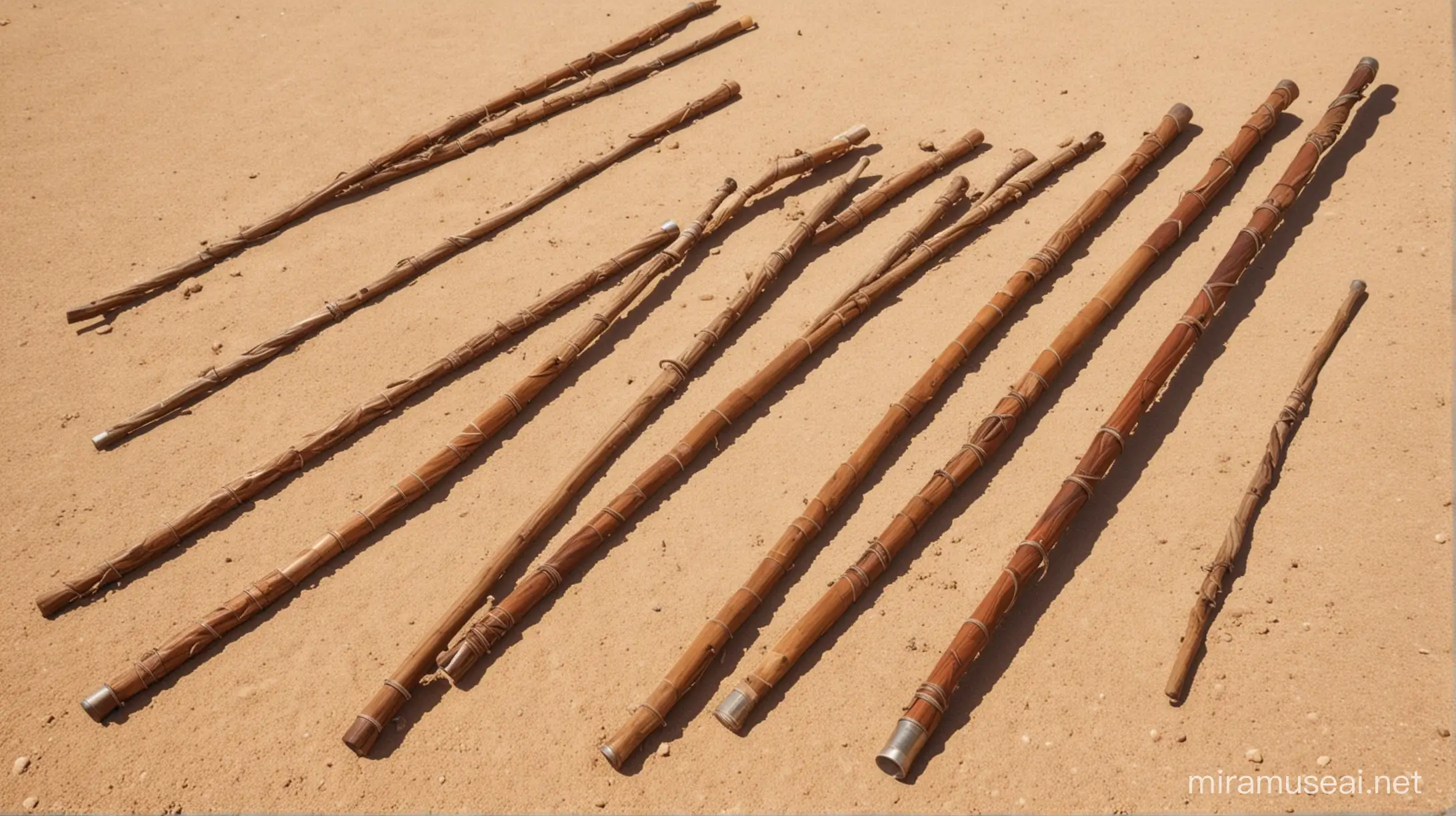 Several men's wooden walking canes lying flat on the desert ground lined up beside each other in the time of Moses