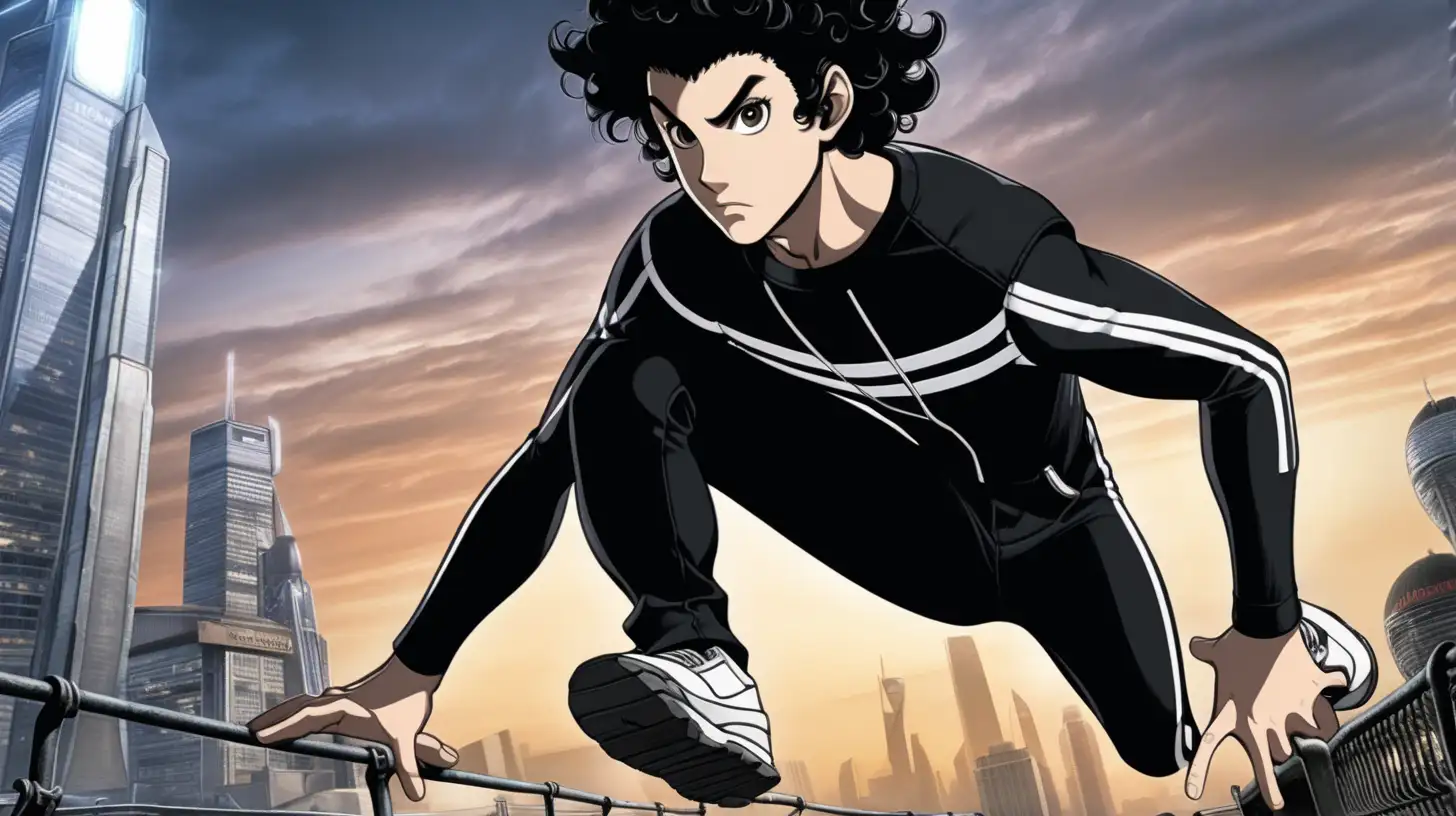 3d, anime, asian male, wearing black clothes with one white stripe, jump over fence, Logan's Run" is set in a dystopian future where society is confined to a domed city, and the population is controlled through a system that enforces euthanasia upon reaching the age of 17, The story follows a "Sandman" named Logan 5, Asian male, black curly hair, emo, thick black eyebrows, dark eyes, whose job is to track down and terminate "runners" – individuals who attempt to escape their fate. However, as Logan approaches his own 18th birthday, he becomes a runner himself and starts to question the society he once served.