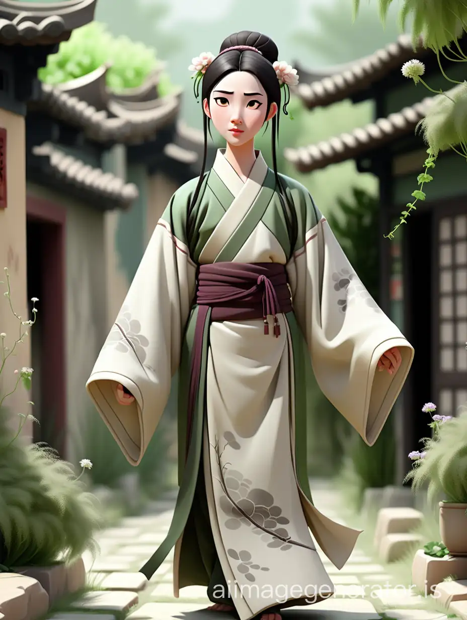 The protagonist is a Chinese sketch comedian named Jia Ling, walking in ancient rural roads wearing Hanfu, with a blurred background of green plants and flowers.