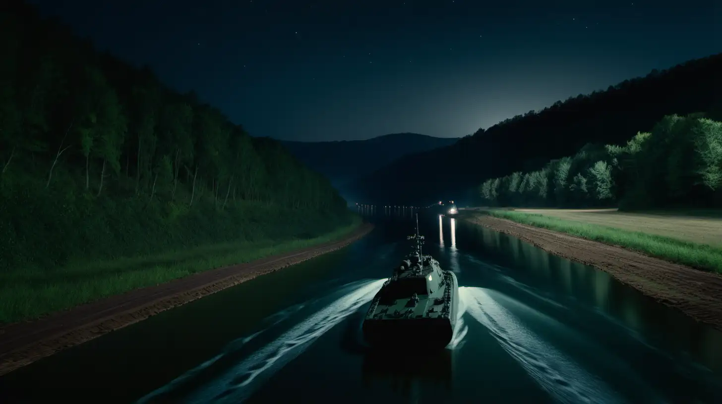winding river at night, with forest along one bank, and fields along the other, with hills in the background, low view angle.  It should have a single military combat boat.  The boat should be moving away.  The boat should not have a wake.  The boat should not have lights.