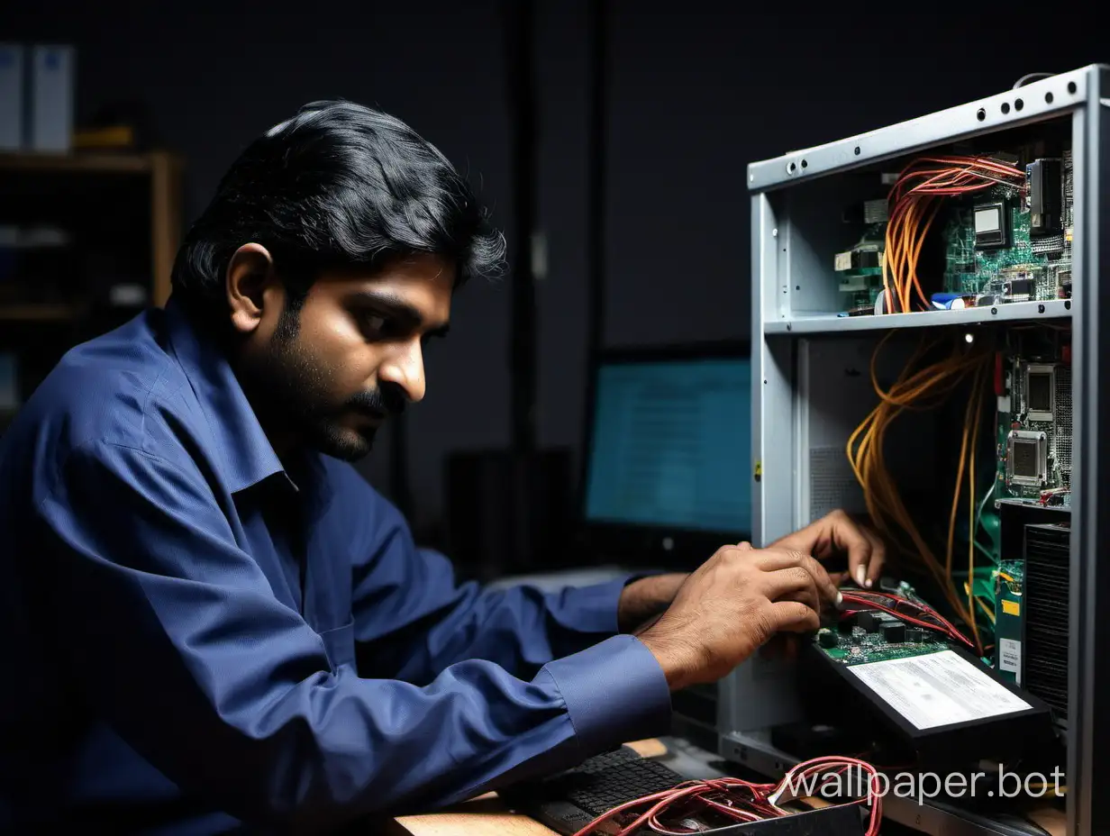 Indian computer repairman fixing a computer in his workshop, close up view, dark office environment