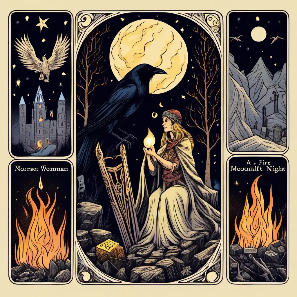 a Norse pagan woman , tarot cards, a crystal  wand, a fire, a raven, a moonlit night