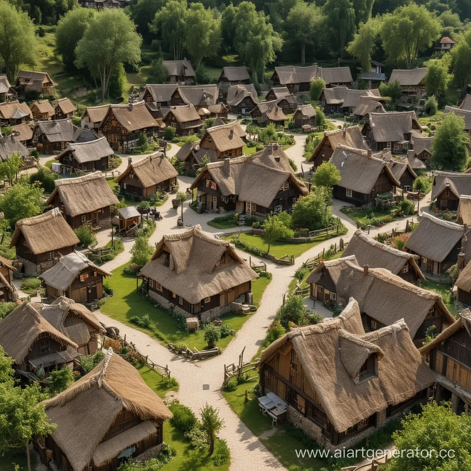 Фэнтези Деревня, деревянные домики, соломенные крыши, природа. Площадь в центре деревни, 