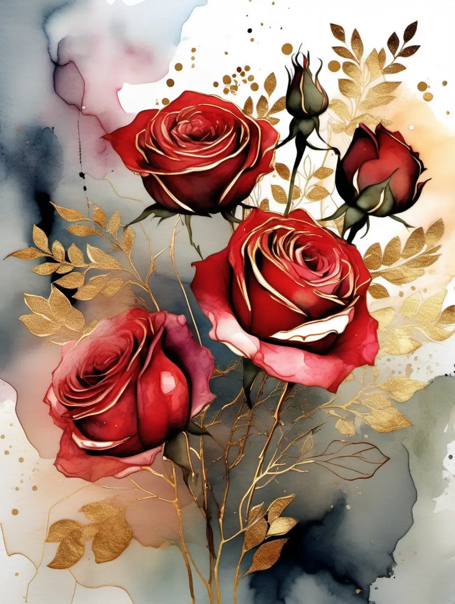 Exquisite Red Roses Bouquet in Magnificent Watercolor and Gold Accents
