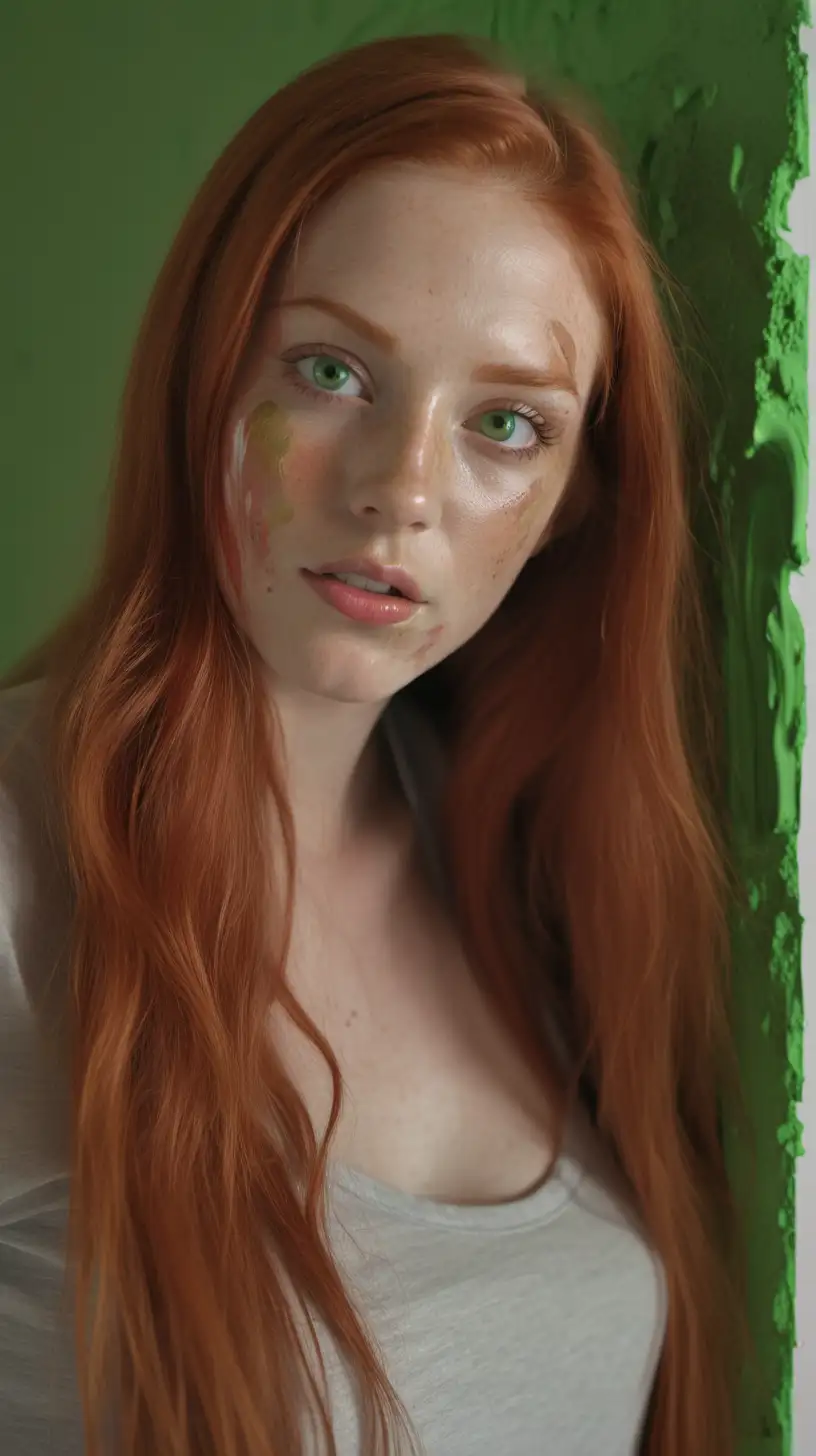 Generate a natural hyperrealistic 25-year-old girl, long red hair, green eyes, perfect face, perfect lips. She is using a paint roler on the wall with taupe color. Casually looking at the camera, randong day lighting. High definition 8k Kodak gold 400, octane rendition.