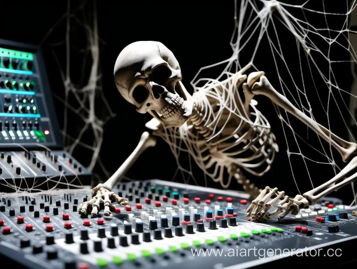 Фон: студия звукозаписи, скелет в паутине лежит на микшерном пульте