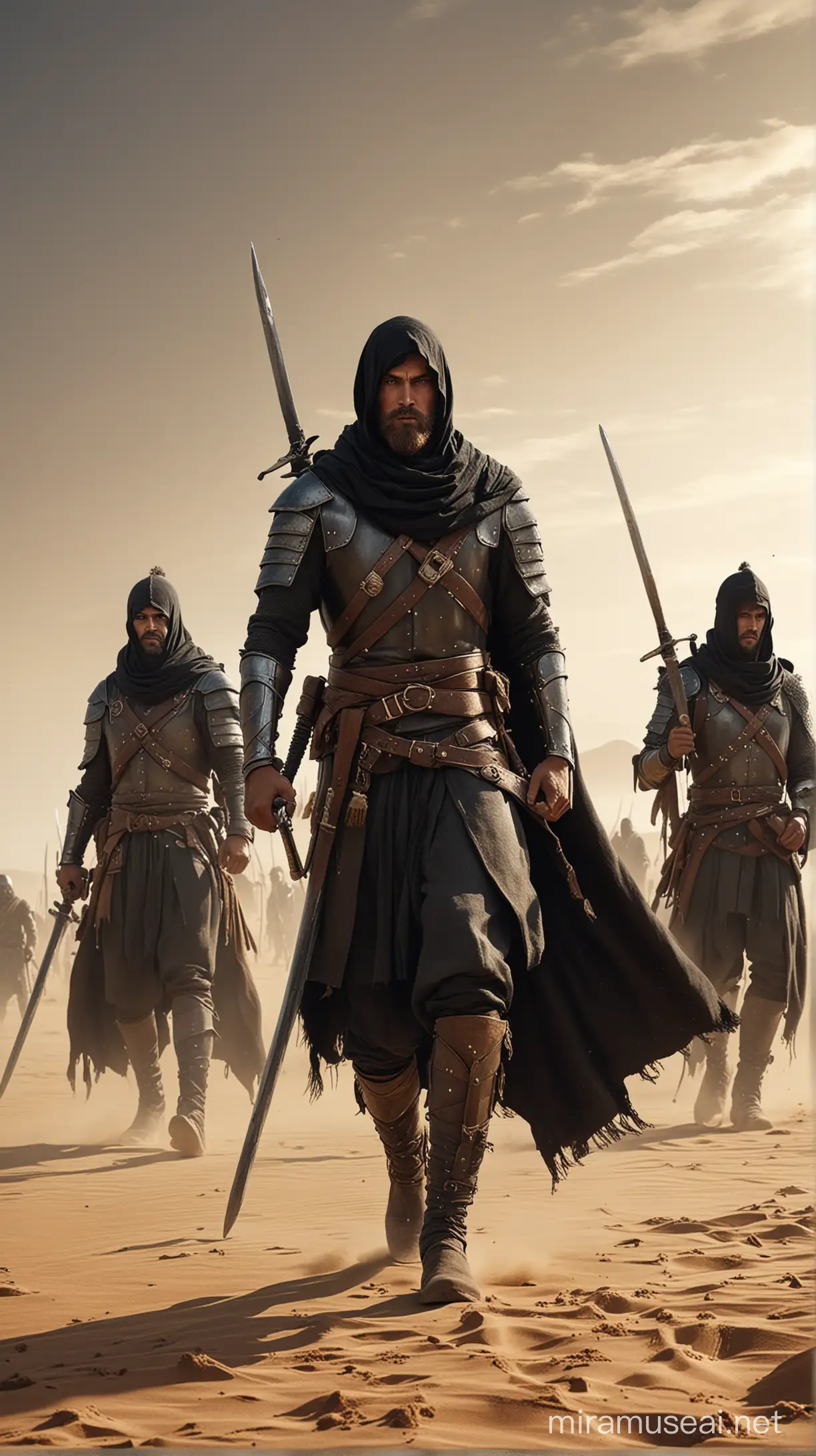 warriors dressed in medieval war clothing, with a black scarf over their heads, and holding their swords high, stand on a field of desert sand, Digital painting, atmospheric mood, realistic V6, medium beard and msutache