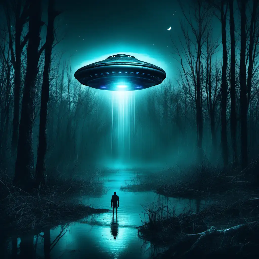 Man Illuminated by Blue Light from Hovering UFO in Night Swamp