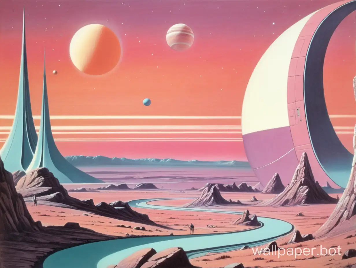 space age 70s landscape foreign planet pastel colours dawn