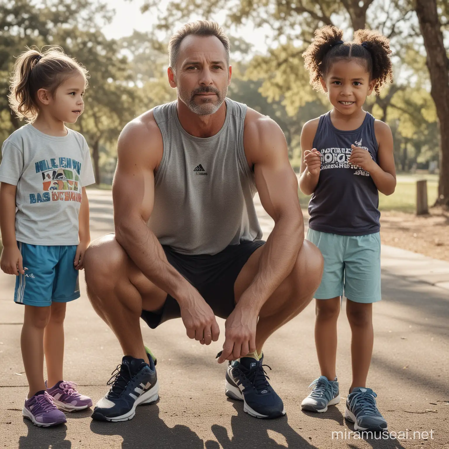 "A father ties his running shoes, determination etched on his face, as he prepares to tackle another workout. In the background, his children play, serving as a source of motivation and inspiration for his fitness journey despite setbacks."