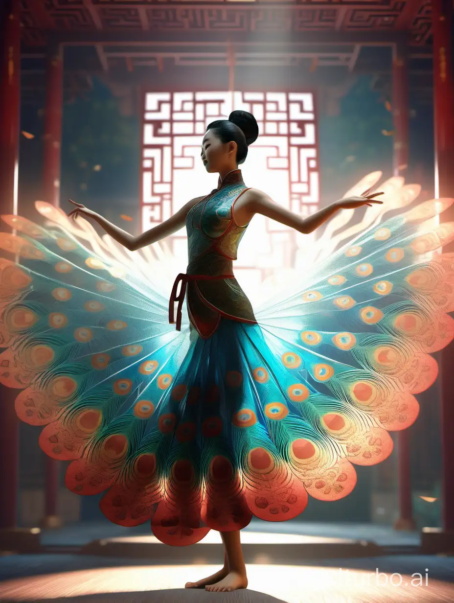 A girl, dancing in a transparent peacock dress with a perfect figure, Chinese style, rendered with a Chinese-themed background, depicting an ancient woman, C4d rendering, and lighting illuminating the perfect dancer.