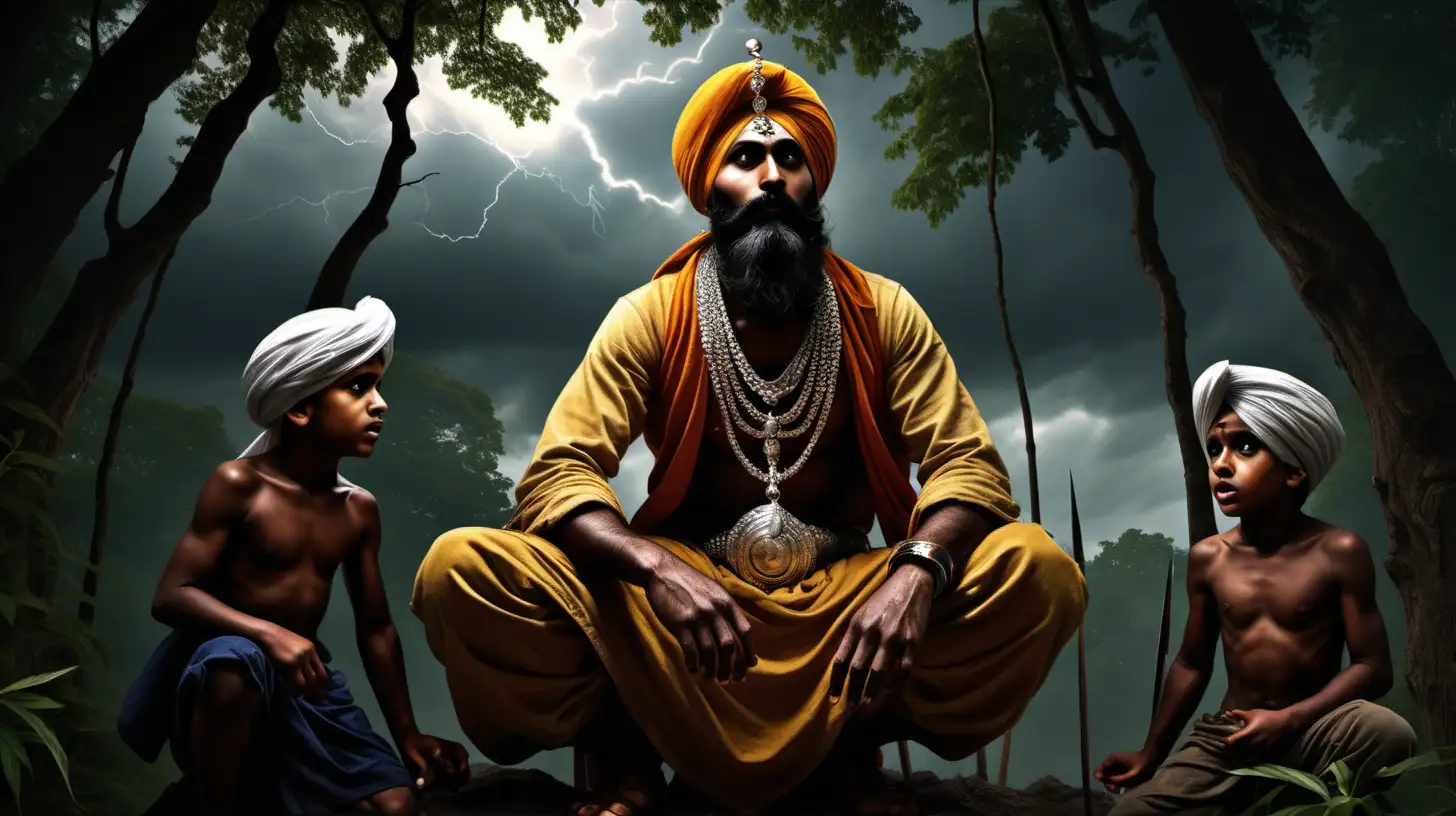 Sikh warrior (full clothed) reagal and strong, yet humble, with his four young sons (6 and 8 years old - with no beards, 16 and 18 with beards) set 300 years ago, surrounded by harsh jungle, dark, gloomy, lightening strikes in the background, he is looking up to the skies, pleading for intervention, his face can not be seen, with peace and solace, yet yearning, down on his knees, looking up to the sky chiaroscuro enhancing the intricate details, in a digital Rendering “v6”