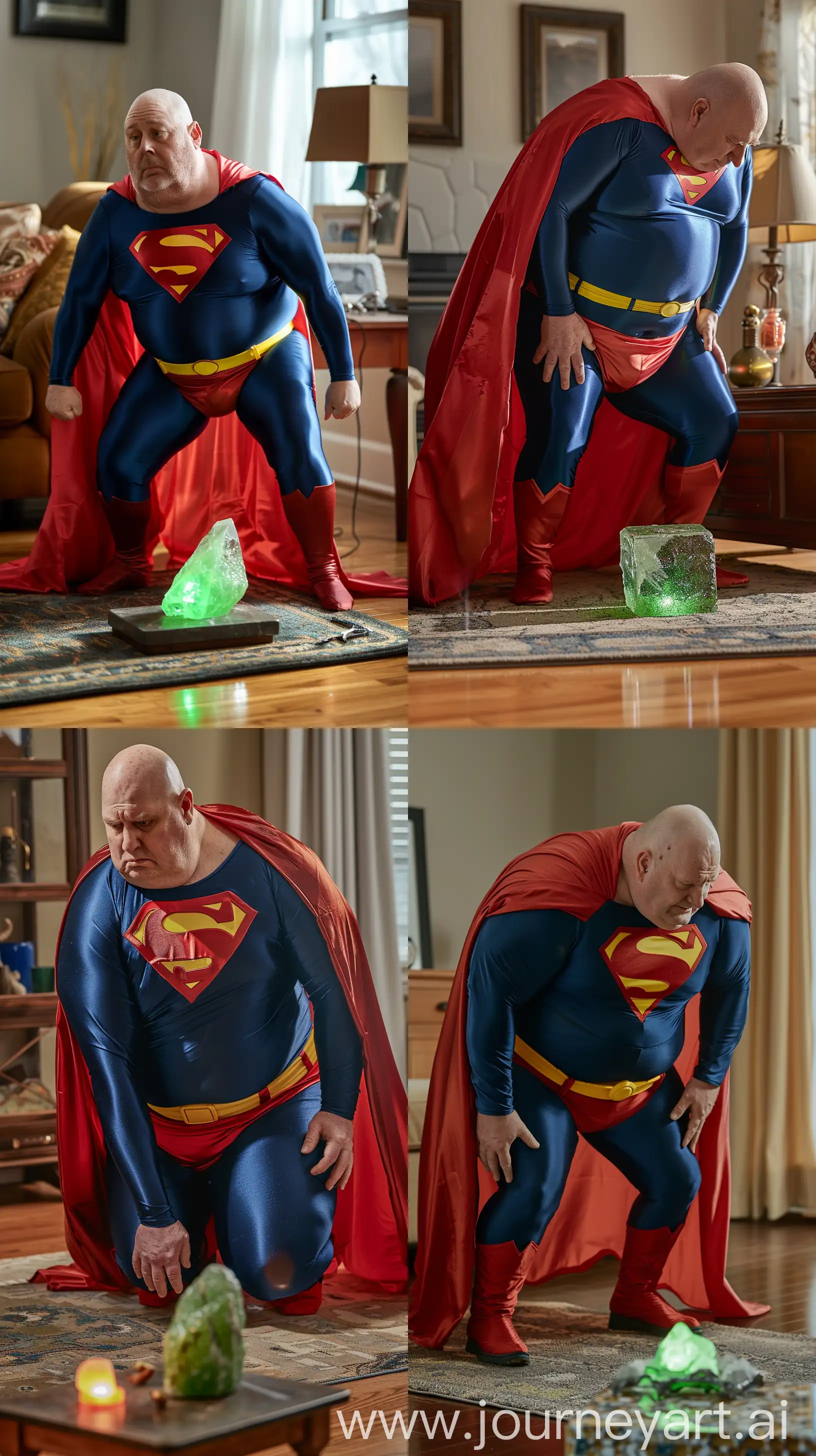 Front close-up photo of a fat man aged 60 wearing silk navy blue complete superman tight uniform with a large red cape, red trunks, yellow belt, red boots. Falling on his knees on the ground in front of a small green glowing rock placed on a table. Inside a living room. Bald. Clean Shaven. Natural light. --ar 9:16