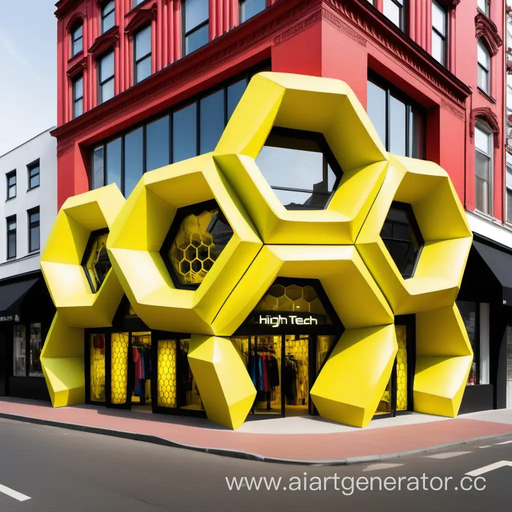 high-tech clothing store outside, made of large neon yellow honeycomb-shaped stores