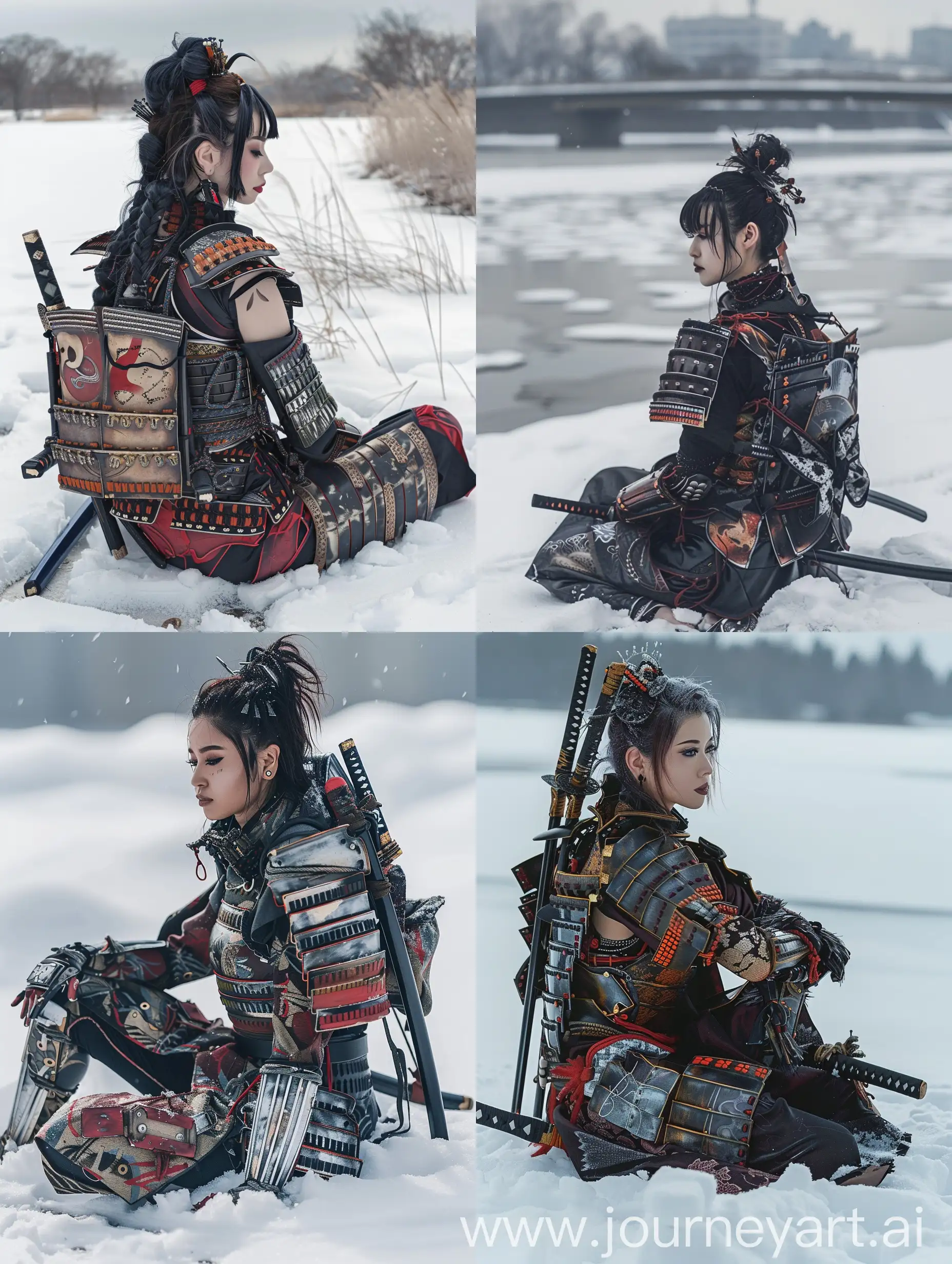 A Japanese woman sits on the snow, dressed in a stunning cyberpunk samurai costume. She exudes beauty and strength, adorned in samurai armor fused with modern techwear. Inspired by the elegance of Kanō Hōgai, her ensemble also incorporates elements reminiscent of kitsune. With a hint of goth ninja style, she presents a contemporary interpretation of the traditional samurai aesthetic. As she practices Zen meditation, her katanas rest securely on her back, embodying the spirit of a modern-day Japanese warrior.





