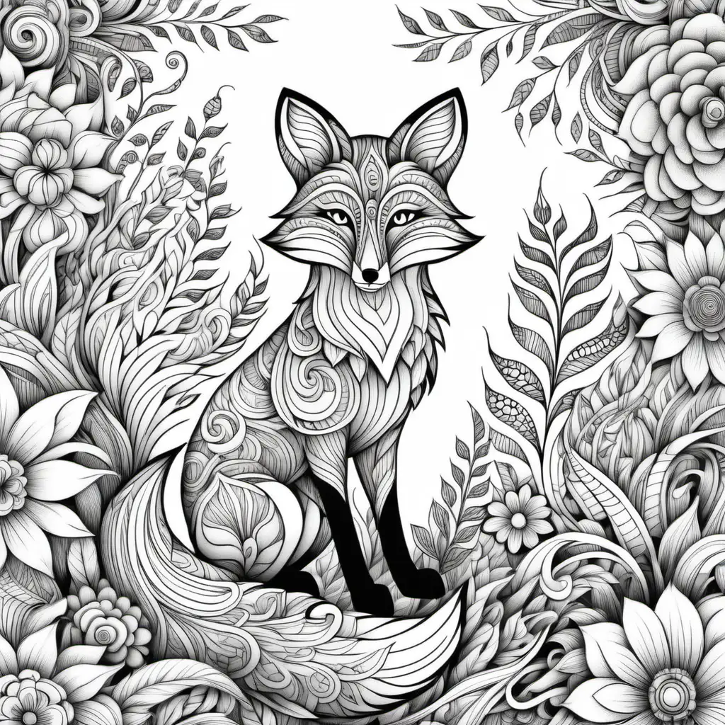 fox, coloring book page, doodle floral art background, black and white, thick black lines, clean edges, full page, color by number