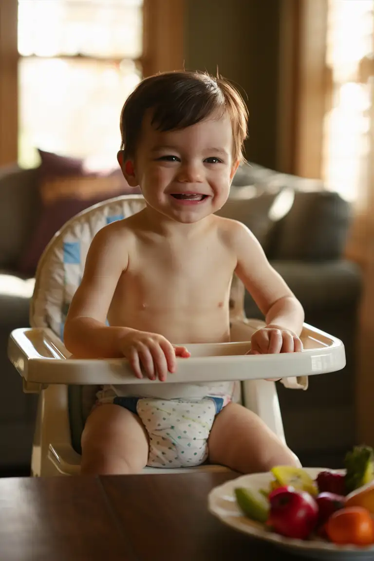 a male toddler with no shirt in diapers ina high chair