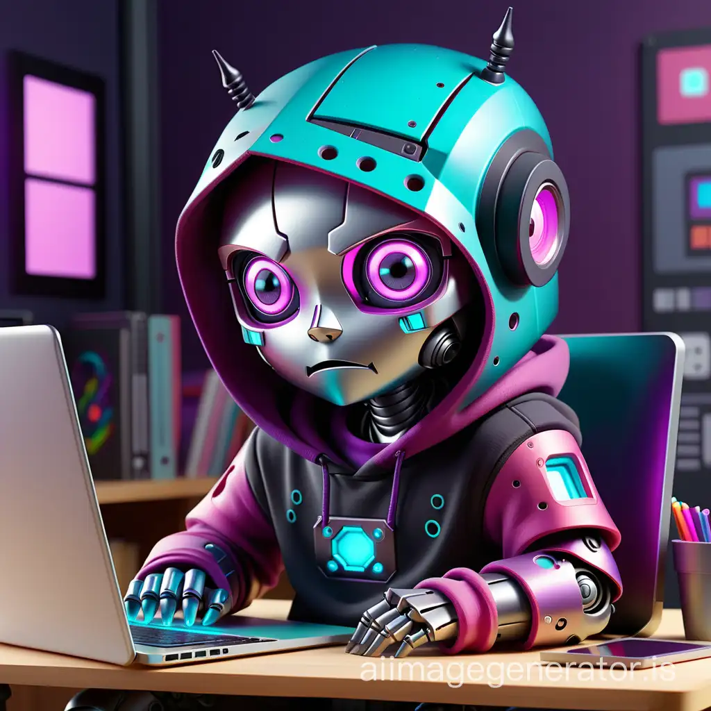 Create a chibi-style robot full face visor with vibrant purple and black metal body and has purple LED eyes, wearing a black, pink, blue and turquoise hoodie with the hood down, and holding a Poptart. The robot is sitting down working on a laptop. The setting embodies a office, with a whimsical atmosphere and color palette that showcases the intricate details of both the robot. The art style should be reminiscent of chibi-style.