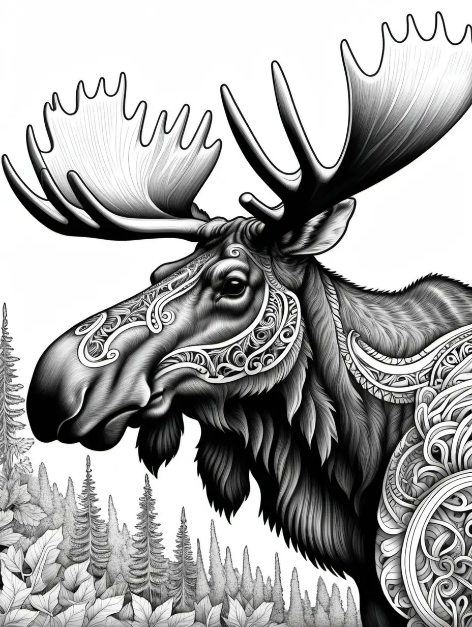 adult coloring book, black and white, intricate, fantasy,  profile, moose,  high detail, no shading