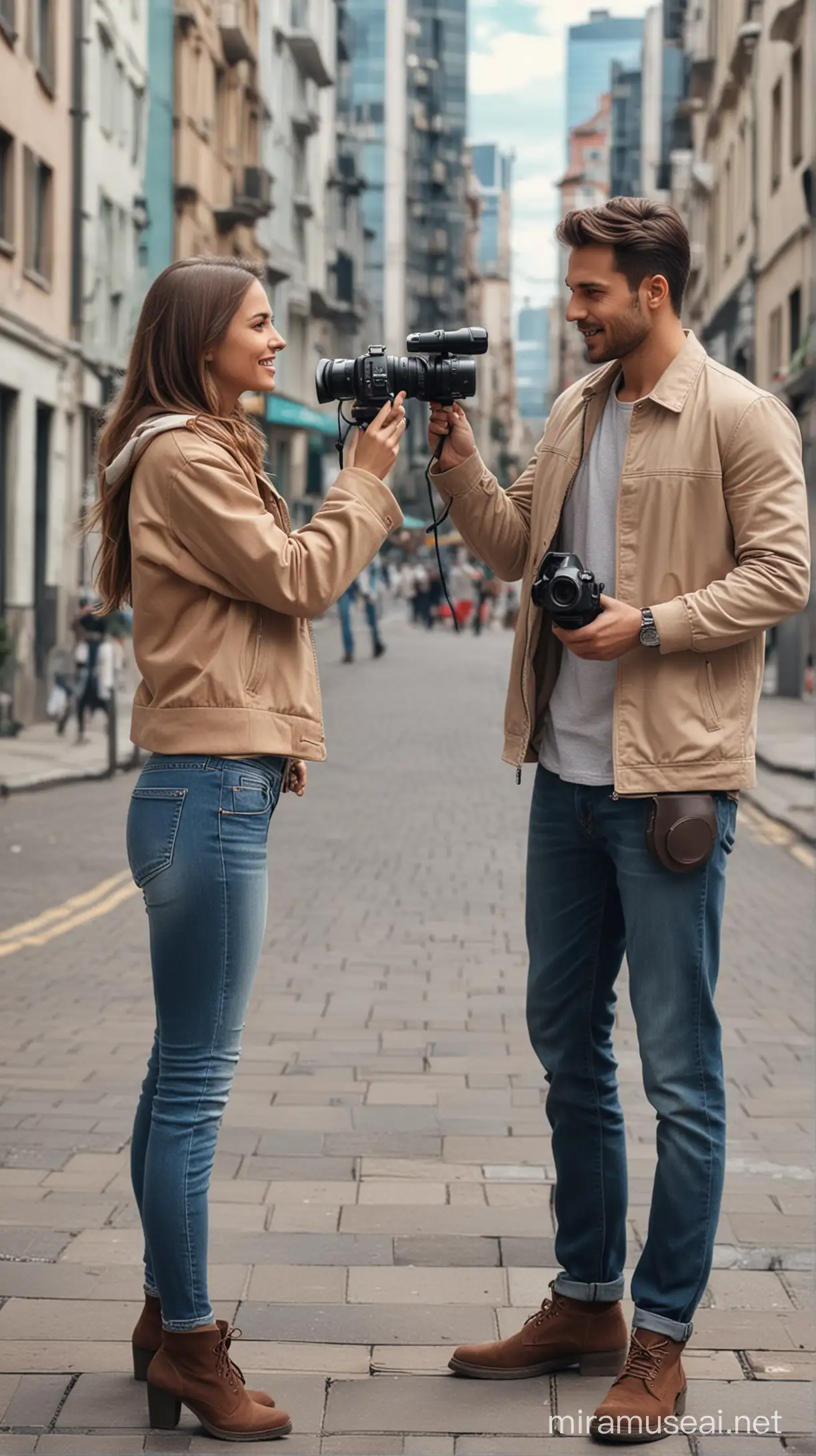 Сгенерируй изображение мужчины, который держит в руках видеокамеру и снимает на видео девушку. Изображения должны быть реалистичными, Фон город