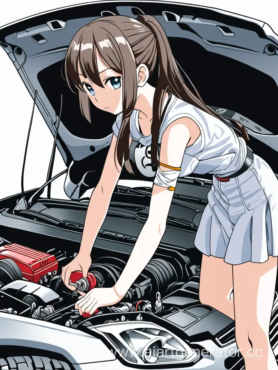 Аниме девочка ремонтирует машину под капотом
