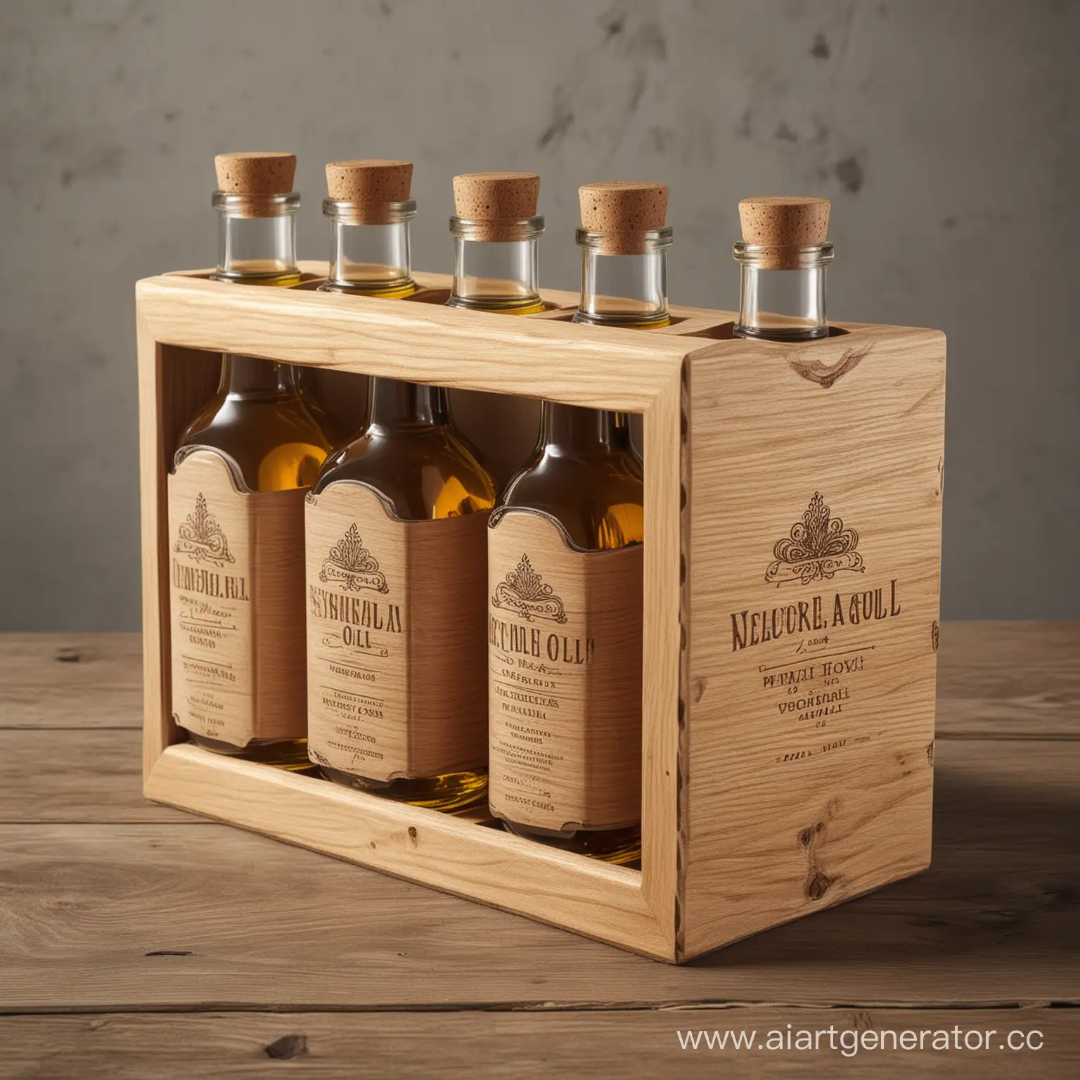 Create a mockup for sale, of a beautiful, vintage, high-end, wood gift case, for three bottles of vegetable oil