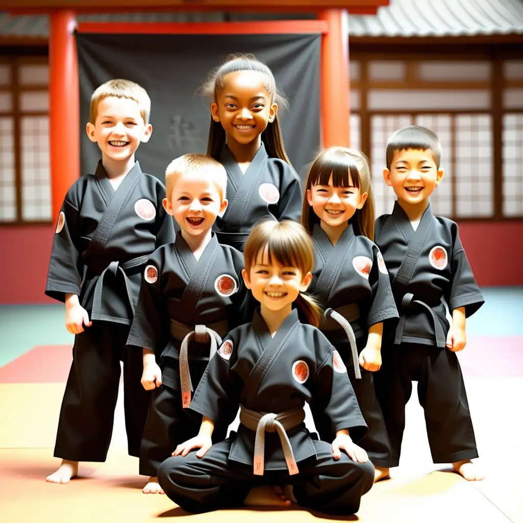 A martial arts school with a variety of happy students of different culture, wearing black uniforms, 