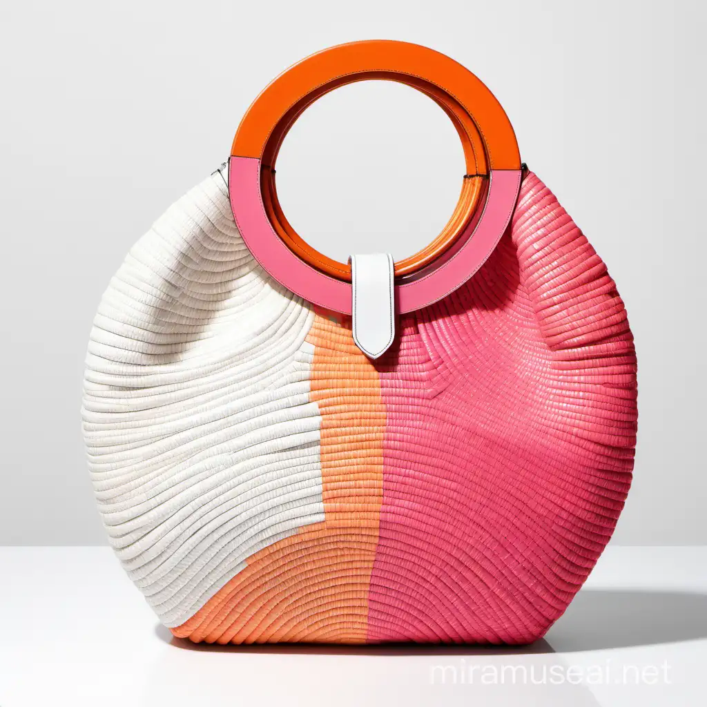 Stylish Pink and Orange Rafia Tote Bag with White Leather Accents