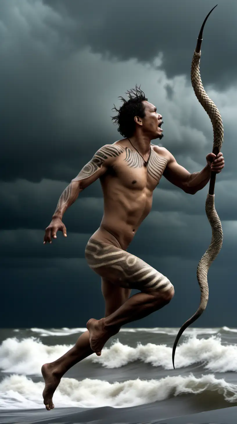 Fierce Indigenous Man Leaping with Spear in Stormy Sea